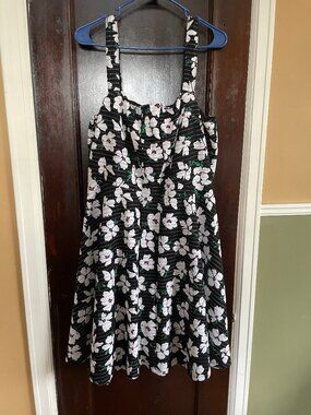 Torrid floral dress, black with white and green flowers, retro look square neck